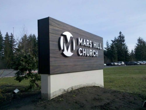 Mars Hill monument sign with mahogany cladding